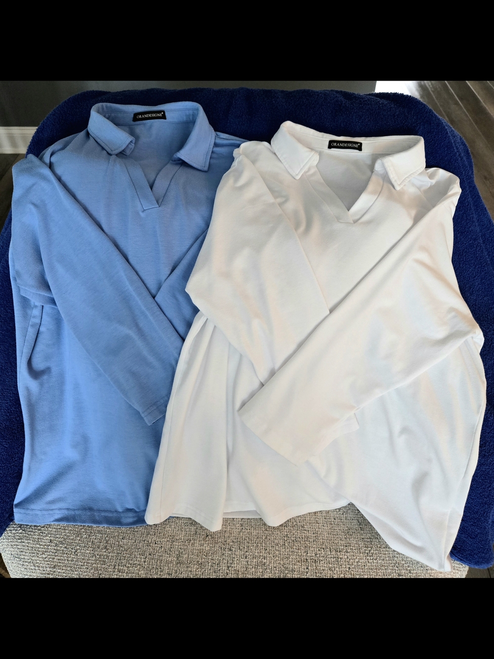 Women’s 3/4 Sleeve Collared Tee Shirts - Light Blue & White